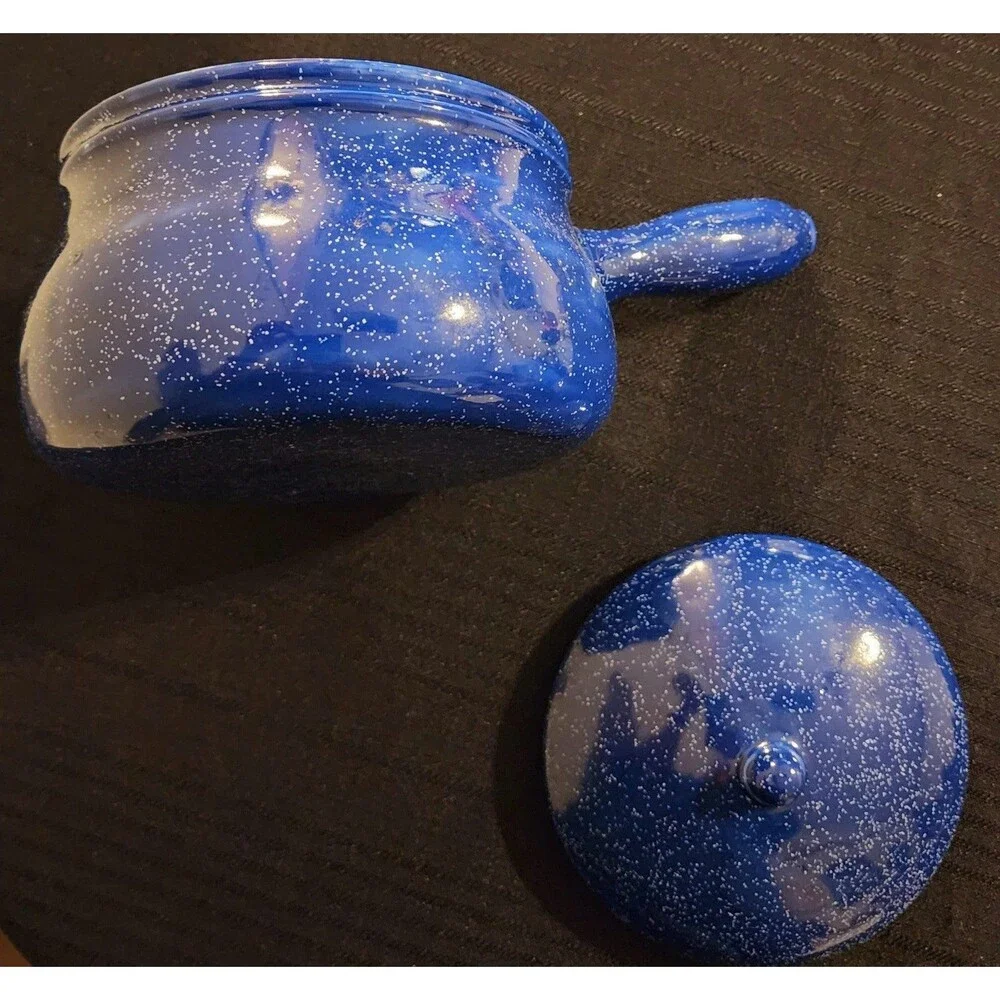 Vintage Blue Ceramic Crock Bowl with Handle & Lid